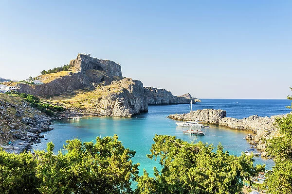 The Arcopolis of Lindos and St Pauls Bay, Lindos, Rhodes, Dodecanese Islands, Greece