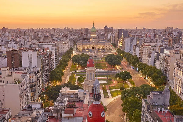 The Argentine National Congress and La Inmobiliaria builidng domes at sunset, Monserrat, Buenos Aires, Argentina