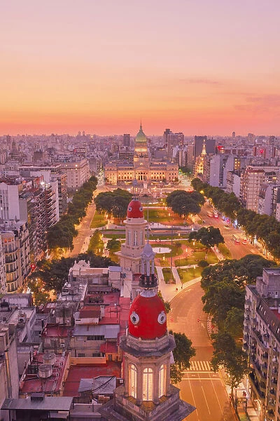 The Argentine National Congress and La Inmobiliaria builidng domes at twilight, Monserrat, Buenos Aires, Argentina