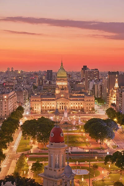 The Argentine National Congress at twilight, Balvanera, Buenos Aires, Argentina. Built in Neo-Classical style and designed by architect Vittorio Meano