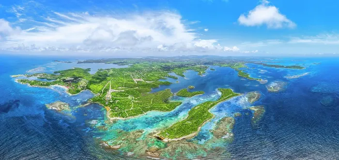Framed Print : Arial view of idyllic green tropical islands and coral reef, Antigua, Antigua & Barbuda, Caribbean, West Indies