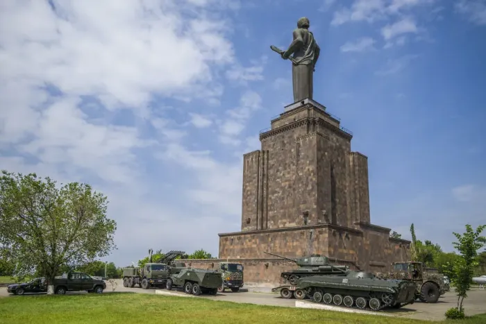 Framed Print : Armenia, Yerevan, Soviet-era Mother Armenia statue and tanks