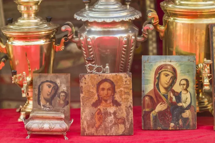 Framed Print : Armenia, Yerevan, Vernissage Market, samovars and Orthodox religious icons Framed Print : Armenia, Yerevan, Vernissage Market, samovars and Orthodox religious icons