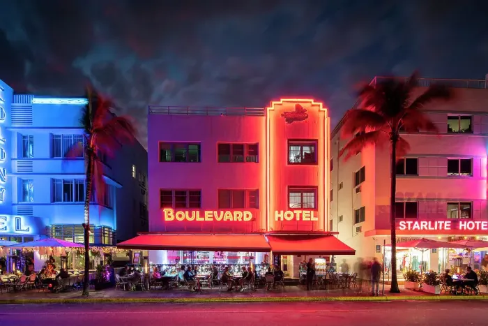 Framed Print : Art deco architecture of Ocean Drive at night, South Beach, Miami, Dade County, Florida, USA Framed Print : Art deco architecture of Ocean Drive at night, South Beach, Miami, Dade County, Florida, USA