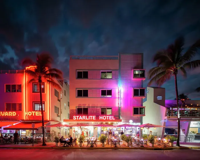 Framed Print : Art deco architecture of Ocean Drive at night, South Beach, Miami, Dade County, Florida, USA Framed Print : Art deco architecture of Ocean Drive at night, South Beach, Miami, Dade County, Florida, USA