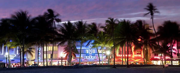 Art deco area with hotels at dusk, Miami Beach, Miami, Florida, USA