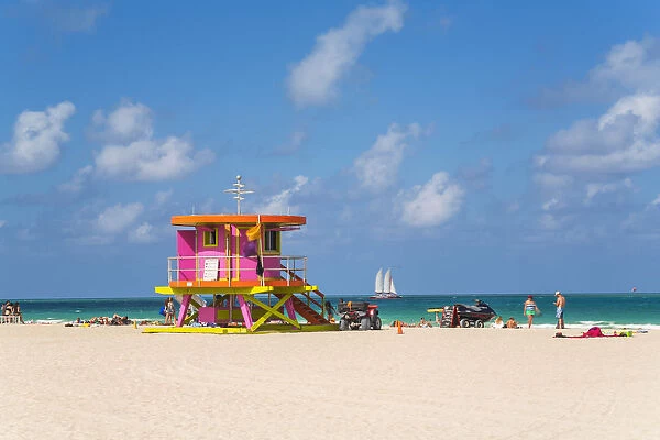 Art Deco style Lifeguard hut on South Beach, Ocean Drive, Miami Beach, Miami, Florida