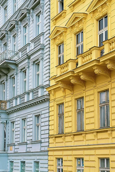 Detail of art nouveau houses near Vltava River, Smichov, Prague, Bohemia, Czech Republic