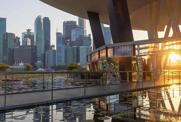 ArtScience Museum and skyscrapers of Central Business District at sunset, Singapore