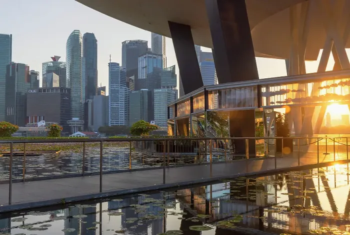 Framed Print : ArtScience Museum and skyscrapers of Central Business District at sunset, Singapore Framed Print : ArtScience Museum and skyscrapers of Central Business District at sunset, Singapore