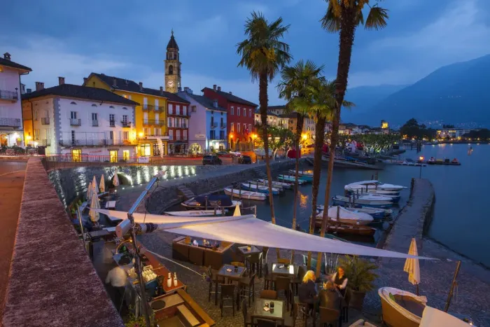 Framed Print : Asconas picturesque Lakeside Promenade and Boat Harbour illuminated at Dusk, Ascona Framed Print : Asconas picturesque Lakeside Promenade and Boat Harbour illuminated at Dusk, Ascona