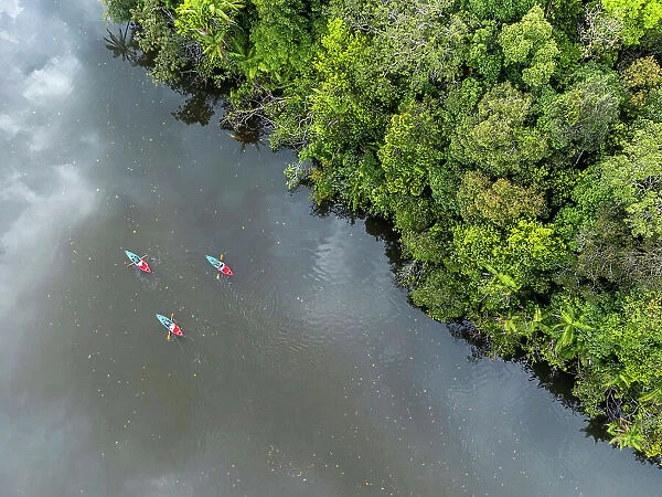 Asia, Cambodia, Cardamom Mountains, Botum Sakor National Park. Aerial shot of kayaks on the Preak Tachan river near Cardamom Tented Camp ecolodge