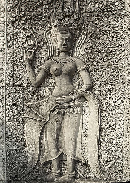 Asia, Cambodia, Siem Reap, Angkor, Angkor wat, temple carving on the side of Angkor wat