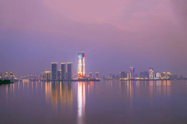 Asia, China, Jiangsu province, the skyline of Yixing city with Lake Taihu in the