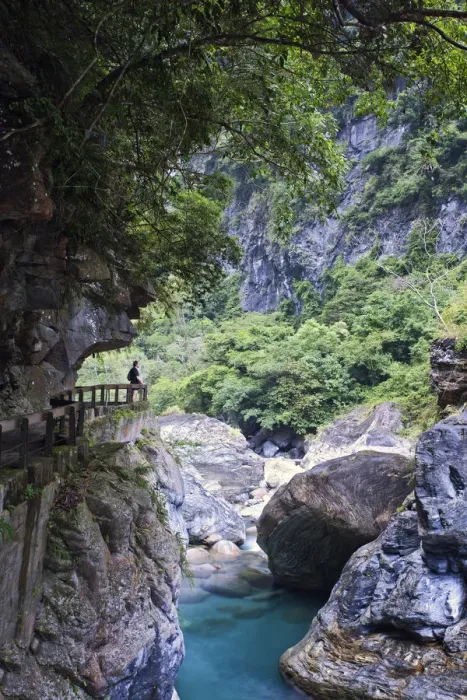 Framed Print : Asia, East Asia, Taiwan, Taichung county, Taroko Gorge National Park, a hiker looking