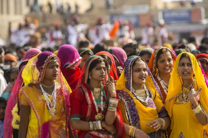 Framed Print : Asia, India, Rajasthan, Jaisalmer, desert festival, girls in parade Framed Print : Asia, India, Rajasthan, Jaisalmer, desert festival, girls in parade
