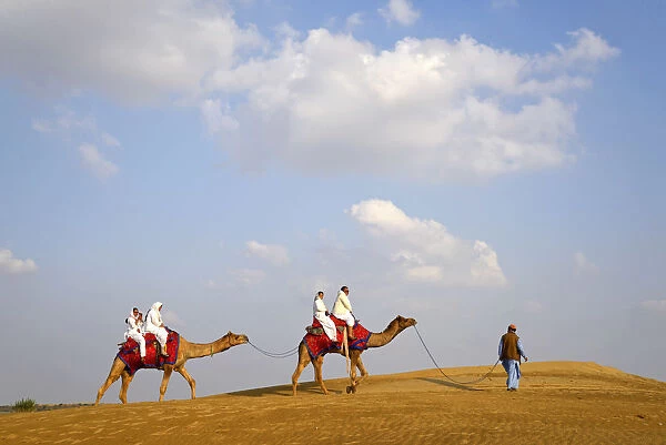 Asia, India, Rajasthan, Jaisalmer, people riding camels