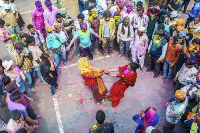 Framed Print : Asia, India, Uttar Pradesh, Nandgaon, Dancing during Holi Festival Framed Print : Asia, India, Uttar Pradesh, Nandgaon, Dancing during Holi Festival