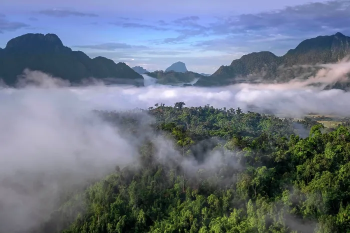 Framed Print : Asia, Laos, Vientiane Province, Vang Vieng, karst landscape at dawn, elevated view Framed Print : Asia, Laos, Vientiane Province, Vang Vieng, karst landscape at dawn, elevated view