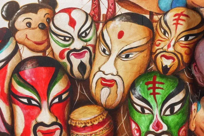 Framed Print : Asia, Singapore, Chinatown, Wall Mural depicting Chinese Masks Framed Print : Asia, Singapore, Chinatown, Wall Mural depicting Chinese Masks