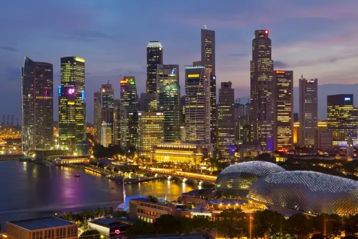 Framed Print : Asia, Singapore, Singapore Skyline Financial district illuminated at dusk