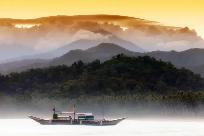 Framed Print : Asia, South East Asia, Philippines, Palawan, an outrigger boat moored in in front Framed Print : Asia, South East Asia, Philippines, Palawan, an outrigger boat moored in in front