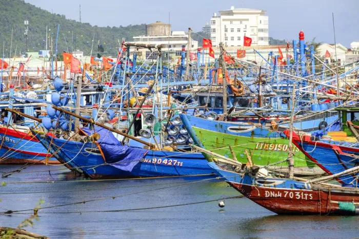 Framed Print : Asia, South East Asia, Vietnam, Danang, wooden fishing boats in harbour flying Vietnamese Framed Print : Asia, South East Asia, Vietnam, Danang, wooden fishing boats in harbour flying Vietnamese