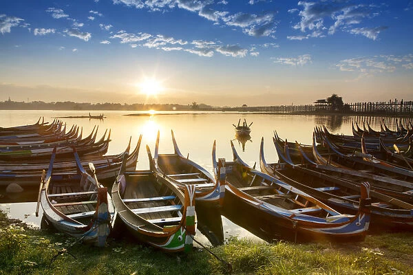 Asia, Southeast Asia, Myanmar, Mandalay; traditional fishing boats next to the U Bein