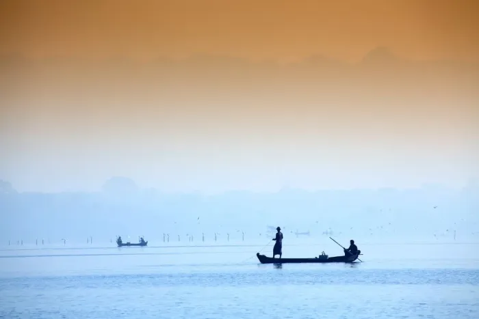 Framed Print : Asia, Southeast Asia, Myanmar, Mandalay; Amarapura, fishermen on the Taungthaman Lake