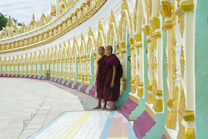 Framed Print : Asia, Southeast Asia, Myanmar, Sagaing, Sagaing hill, young monks outside the U Min Framed Print : Asia, Southeast Asia, Myanmar, Sagaing, Sagaing hill, young monks outside the U Min
