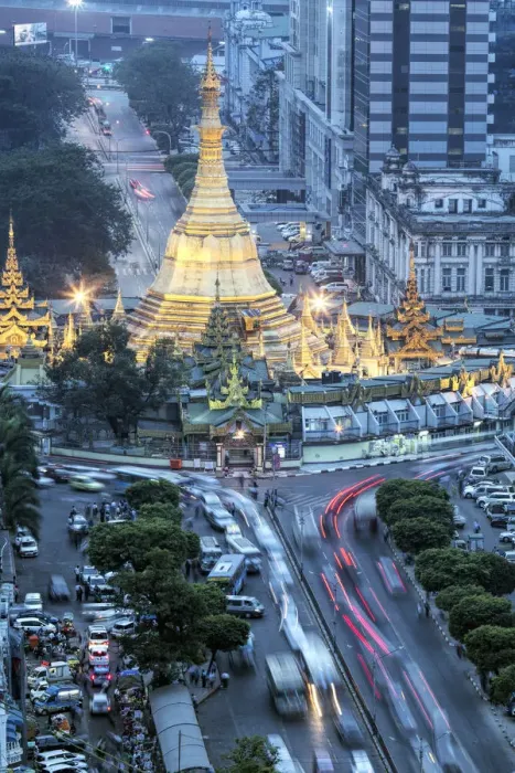 Framed Print : Asia, Southeast Asia, Myanmar, Yangon traffic around the Sule pagoda - the oldest