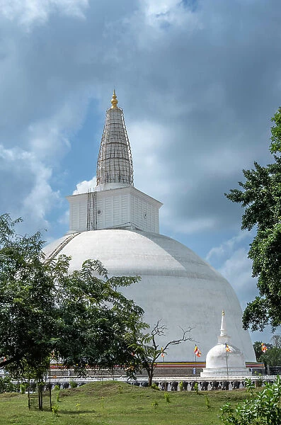Asia, Sri Lanka, North Central Province, Anuradhapura, Buddhist stupa, Ruwanwelisaya stupa (c. 140 BC), elephant head decorations on base and bamboo scaffold, 103 metre tall chedi