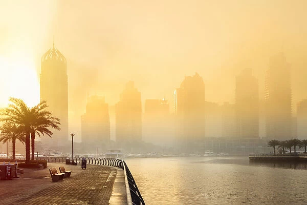 Asia, United Arab Emirates, Dubai, the Dubai Marina walk area at dawn