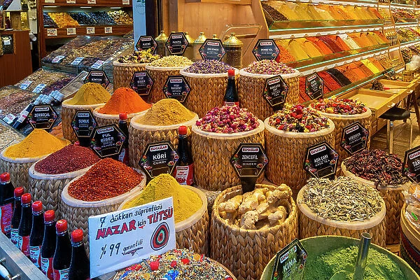 Assorted spices and teas on display in store, Egyptian Bazaar (Spice Bazaar), Eminonu, Fatih District, Istanbul Province, Turkey