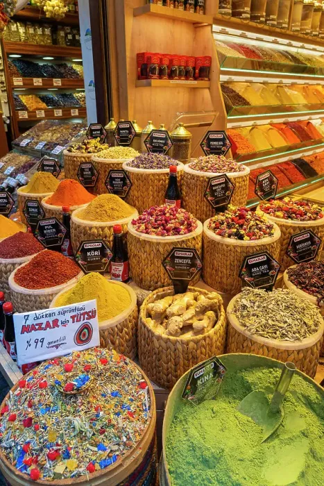 Framed Print : Assorted spices and teas on display in store, Egyptian Bazaar (Spice Bazaar), Eminonu, Fatih District, Istanbul Province, Turkey