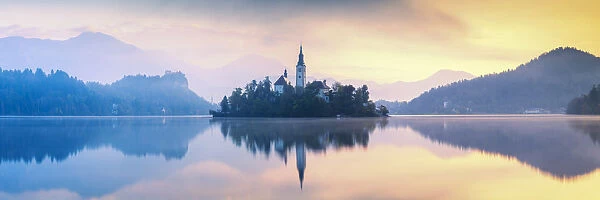Assumption of Marys Pilgrimage Church at Dawn, Lake Bled, Slovenia
