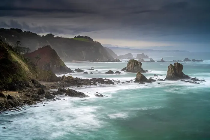 Framed Print : Asturian coastline in stormy weather, Playa del Silencio, Cudillero, Asturias, Spain