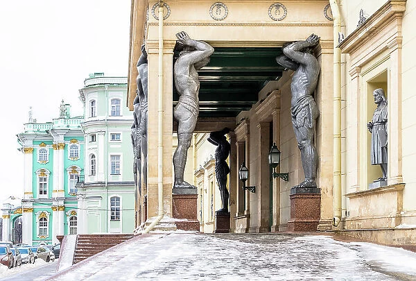 Atlantes - 10 grey granite giants by sculptor Alexander Terebenev, supporting the portico of the New Hermitage, Saint Petersburg, Russia