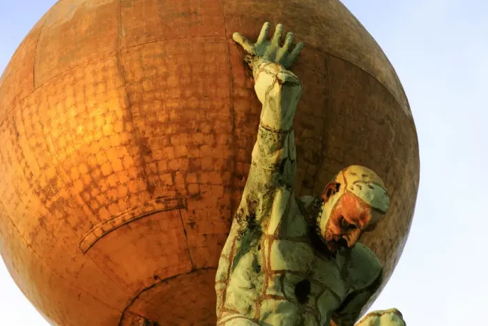 Framed Print : An Atlas Hold a Golden Ball Upon Which Giuseppe Benonis Fortune Stands, Venice