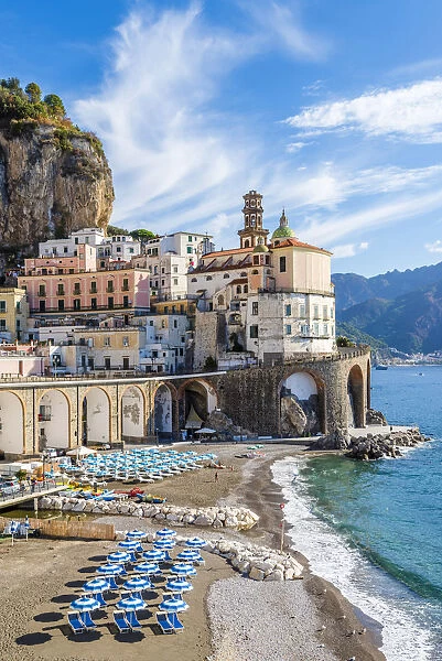 Atrani. Amalfi coast, Salerno, Campania, Italy. View of Atrani village and beach