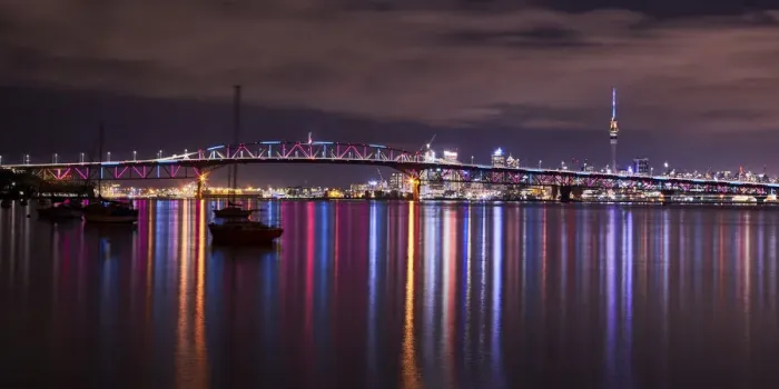 Framed Print : Auckland Harbour Bridge reflections at night, Auckland, New Zealand Framed Print : Auckland Harbour Bridge reflections at night, Auckland, New Zealand