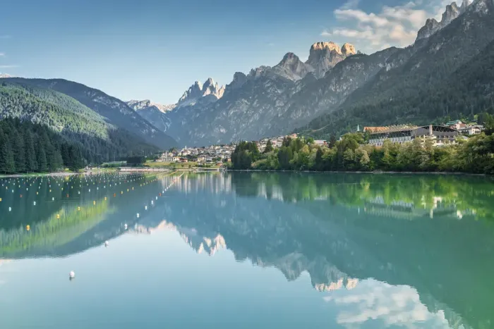 Framed Print : auronzo di cadore and the lake of santa caterina, in the background the Tre Cime di Framed Print : auronzo di cadore and the lake of santa caterina, in the background the Tre Cime di
