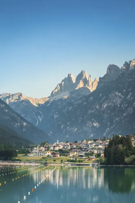 Framed Print : auronzo di cadore and the lake of santa caterina, in the background the Tre Cime di Framed Print : auronzo di cadore and the lake of santa caterina, in the background the Tre Cime di