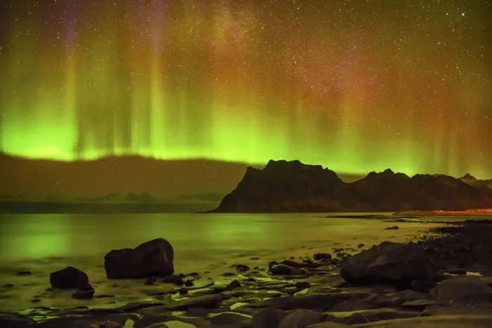 Framed Print : Aurora Borealis (Northern Lights) Over Coastline at Utakleiv, Lofoten Islands, Norway