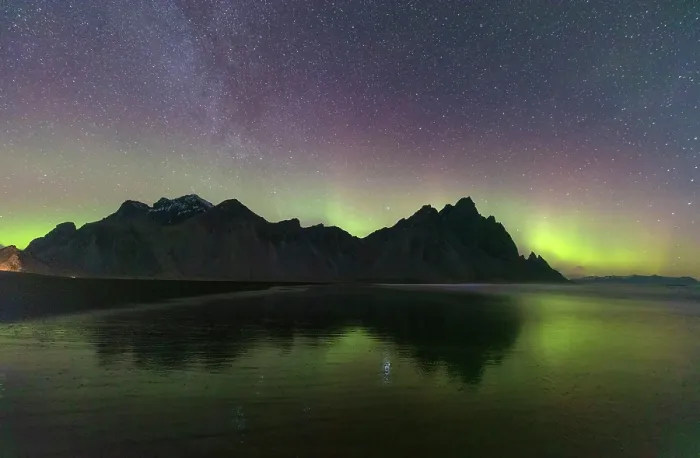 Framed Print : Aurora Borealis (Northern Lights) over Vestrahorn, Stokksnes, Iceland Framed Print : Aurora Borealis (Northern Lights) over Vestrahorn, Stokksnes, Iceland