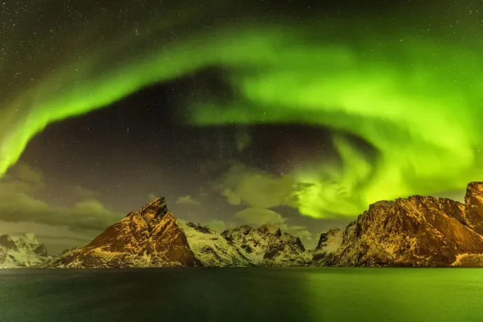 Framed Print : Aurora over Mountains, Lofoten Islands, Norway