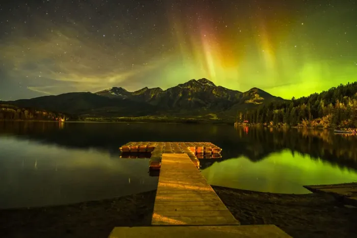 Framed Print : Aurora Reflecting in Pyramid Lake, Jasper National Park, Alberta, Canada