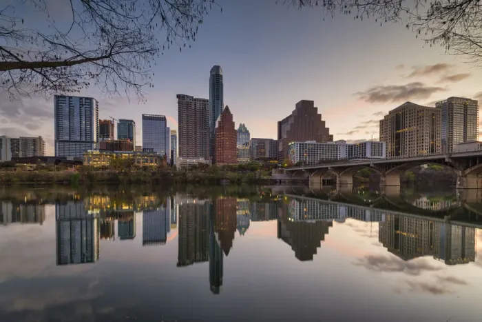 Framed Print : Austin Skyline Reflecting in Colorado River, Texas, USA Framed Print : Austin Skyline Reflecting in Colorado River, Texas, USA