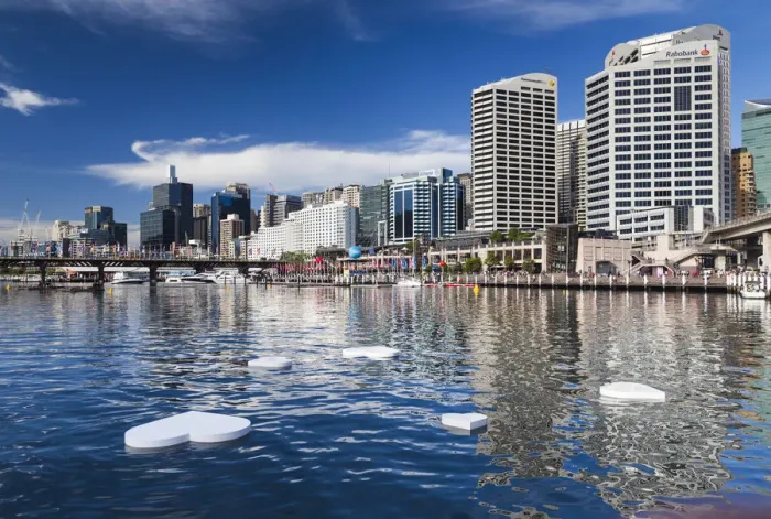 Framed Print : Australia, New South Wales, NSW, Sydney, Darling Harbour, floating heart sculptures