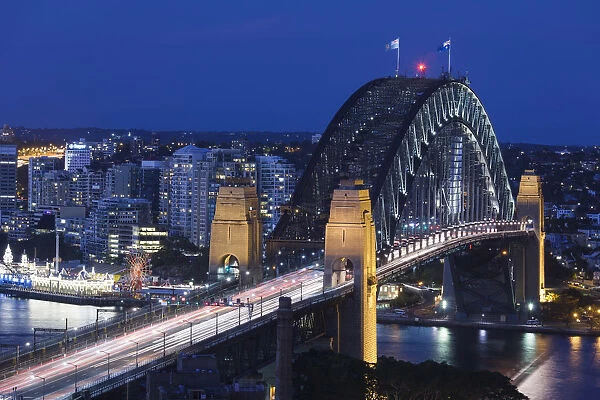 Australia, New South Wales, NSW, Sydney, The Rocks area, Sydney Harbour Bridge, elevated